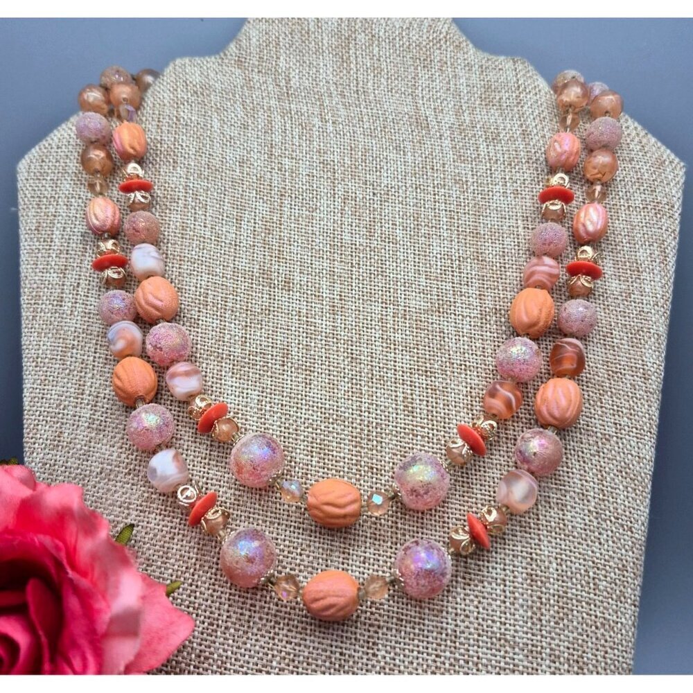 Vintage Pastel Pink & Peach Textured Art Bead Necklace Hidden Box Clasp Japan